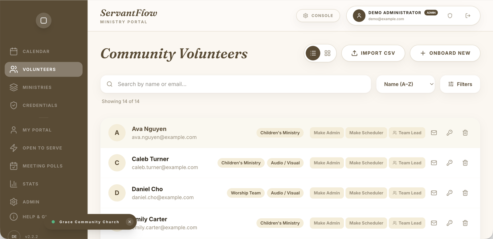 The Community Volunteers roster with ministries, roles, and self-service options